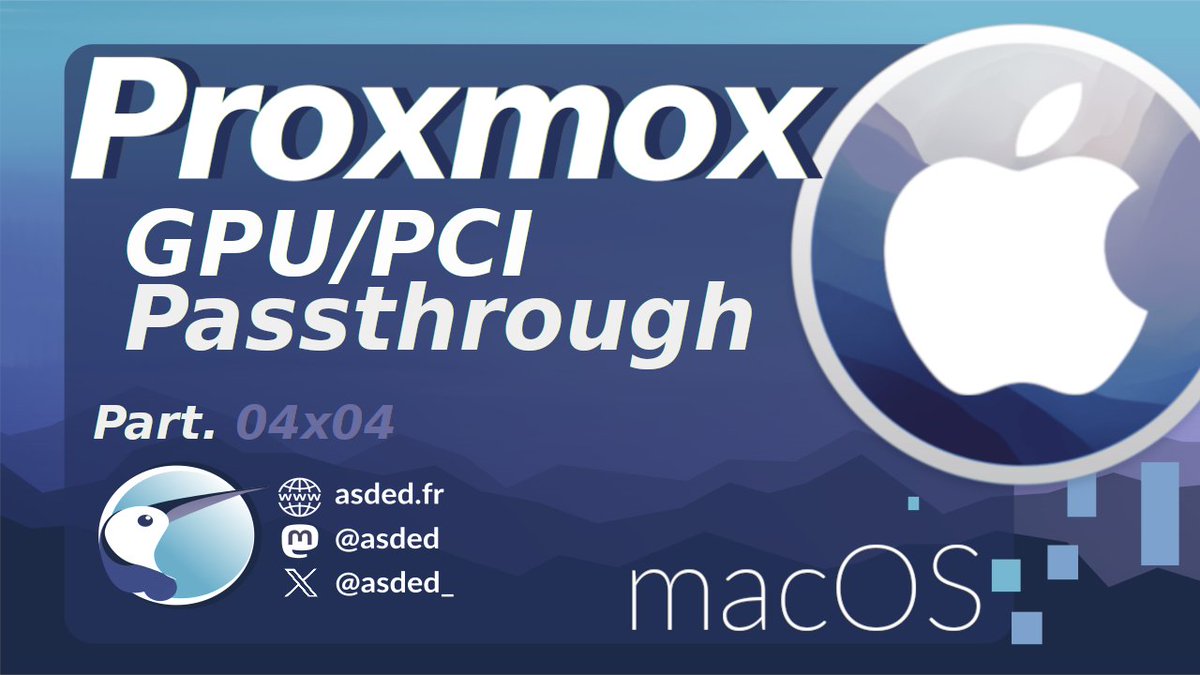 Suite et fin de notre série sur le setup de VM en #gpupassthrough sous #Proxmox, ce soir, on installe macOS. #virtualisation #vfio #macos #hackintosh

📑asded.fr/posts/2024-01-…
📺youtu.be/3SZ9LFlMisA