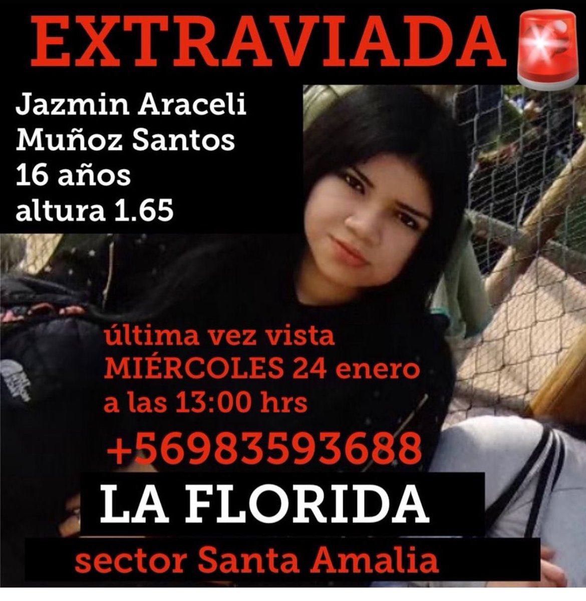 🔴 URGENTE 🔴 
Atención vecinos de #LaFlorida, Si tienen información del paradero de Jazmín o saben algún tipo de detalle que pueda ayudar a encontrarla, por favor comunicarse con los contactos de la imagen!
RT !!