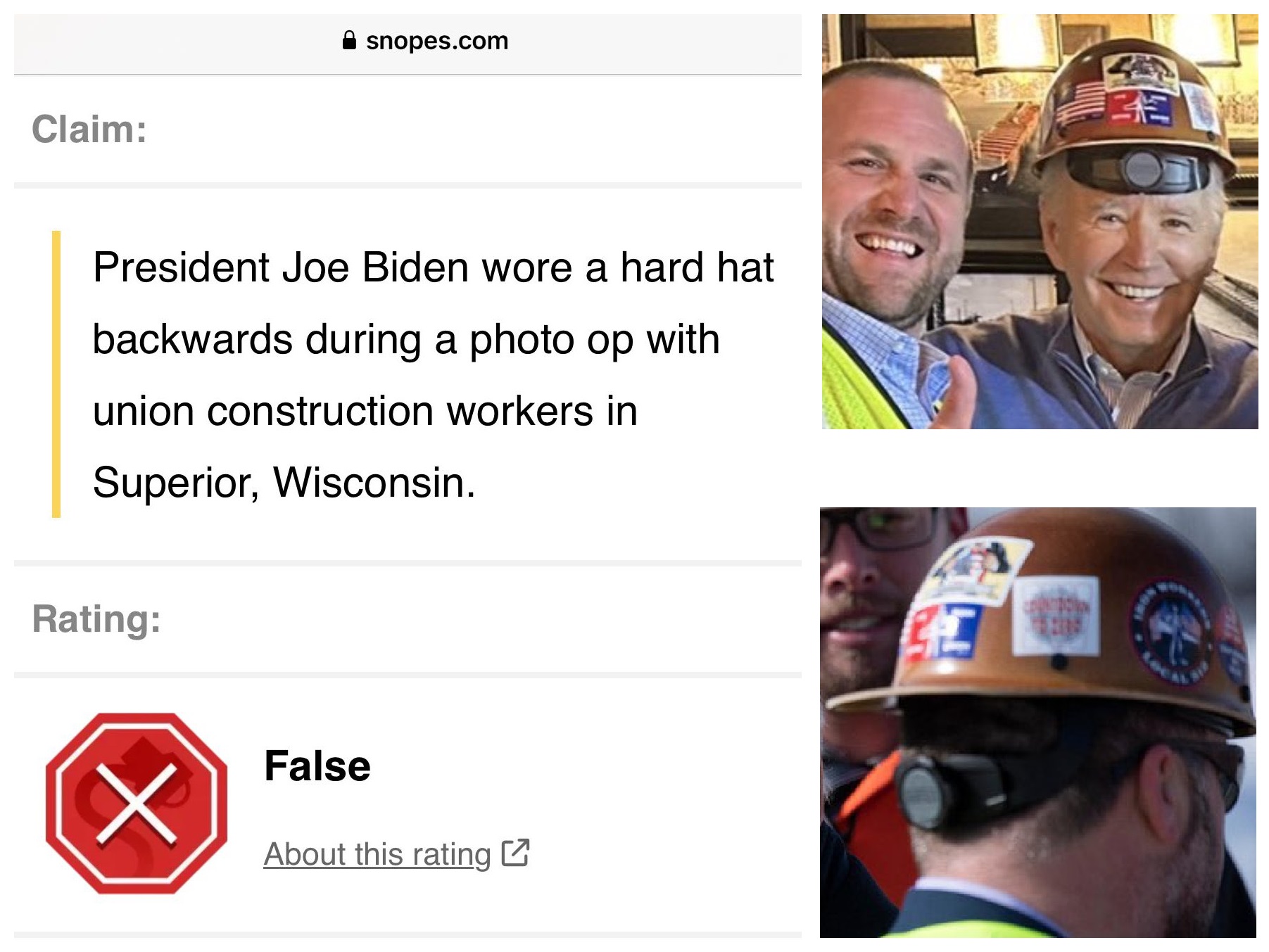 Left wing fact checker snopes changes joe biden hard hat backwards
