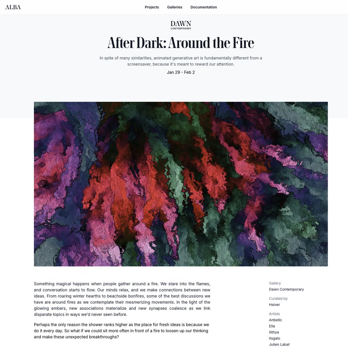 The exhibition page for the next group show I curated on Alba is up. 1,500 words about animated generative art as the modern-day fireplace, and how the history of the screensaver fits into all of that. I hope you'll check it out 👇