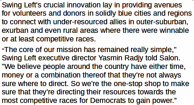 .<a href="/swingleft/">Swing Left</a>'s crucial innovation was connecting volunteers &amp; donors in solidly blue areas with under-resourced allies in not-to-distant possible swing districts: 3/11