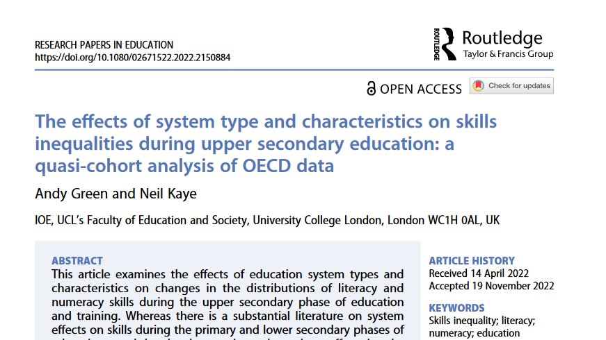 Research Papers in Education (@respapersineduc) on Twitter photo 🚨 NEW PUBLICATION ALERT!
The effects of system type and characteristics on skills inequalities during upper secondary education: a quasi-cohort analysis of OECD data
Andy Green & Neil Kaye (<a href="/NeilKaye_phd/">Dr Neil Kaye</a>)
tandfonline.com/doi/full/10.10…
#Education #Skills #OECD 🚨 NEW PUBLICATION ALERT!
The effects of system type and characteristics on skills inequalities during upper secondary education: a quasi-cohort analysis of OECD data
Andy Green & Neil Kaye (<a href="/NeilKaye_phd/">Dr Neil Kaye</a>)
tandfonline.com/doi/full/10.10…
#Education #Skills #OECD