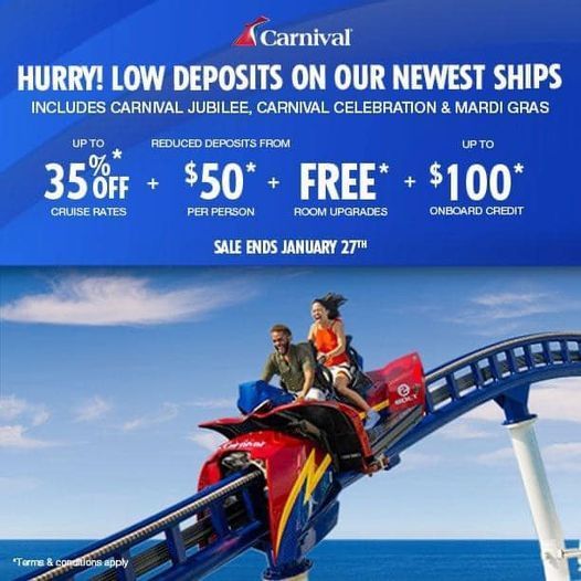 $50 per person non-refundable deposits on ALL #CarnivalCruise ships INCLUDING Mardi Gras, Celebration & Jubilee! 
Sale only runs til Jan 27th & offers a $50 pp deposit, upgrade and OBCs!  
Contact us to lock in your 2024 or 2025 cruise now! 
 #CruiseDeal #PrestigeTravelVacations