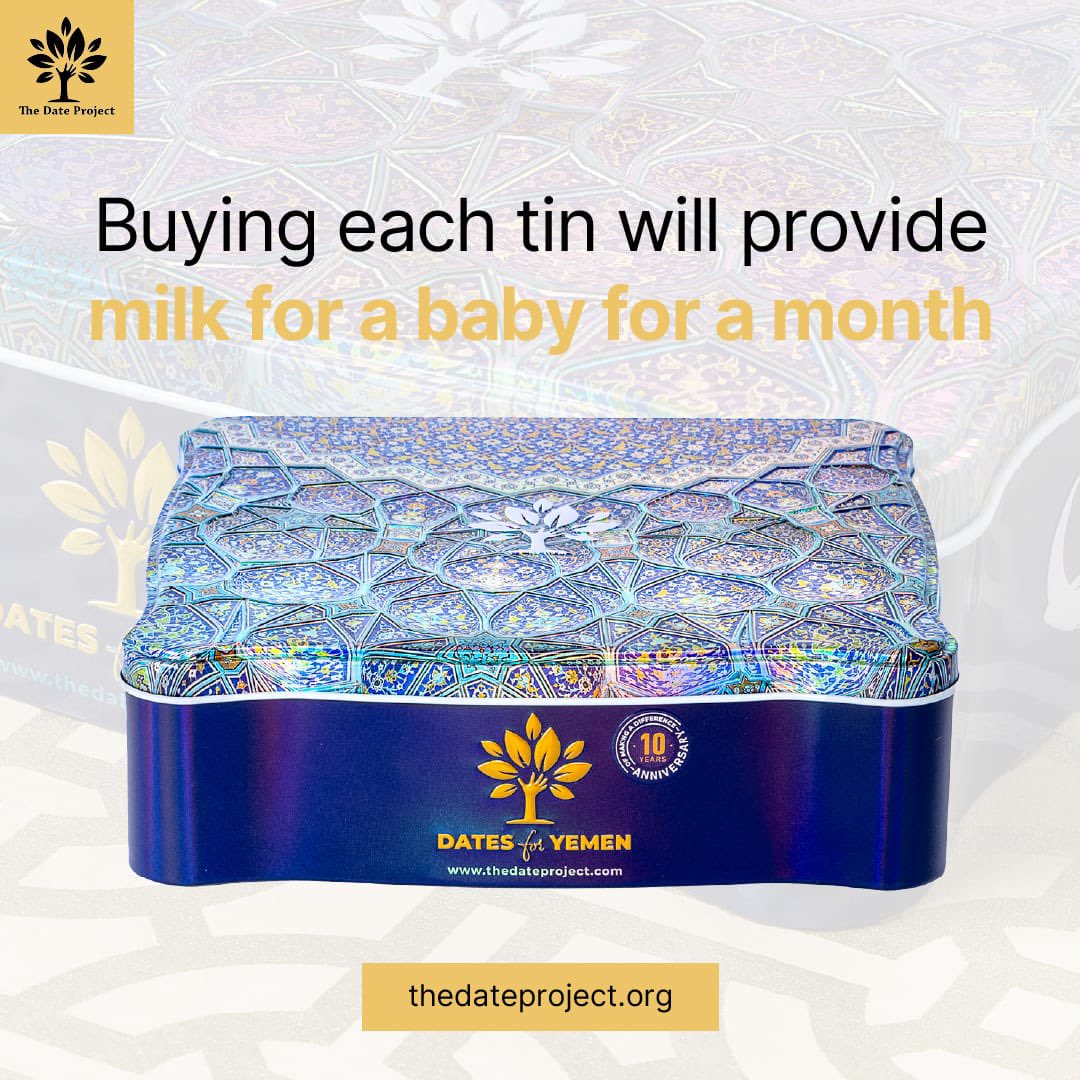 #DatesForYemen

The purchase of each tin will provide milk for a baby in Yemen for a month 

Available to pre order now at thedateproject.org 

#ramadan <a href="/One_NationUK/">One Nation</a>