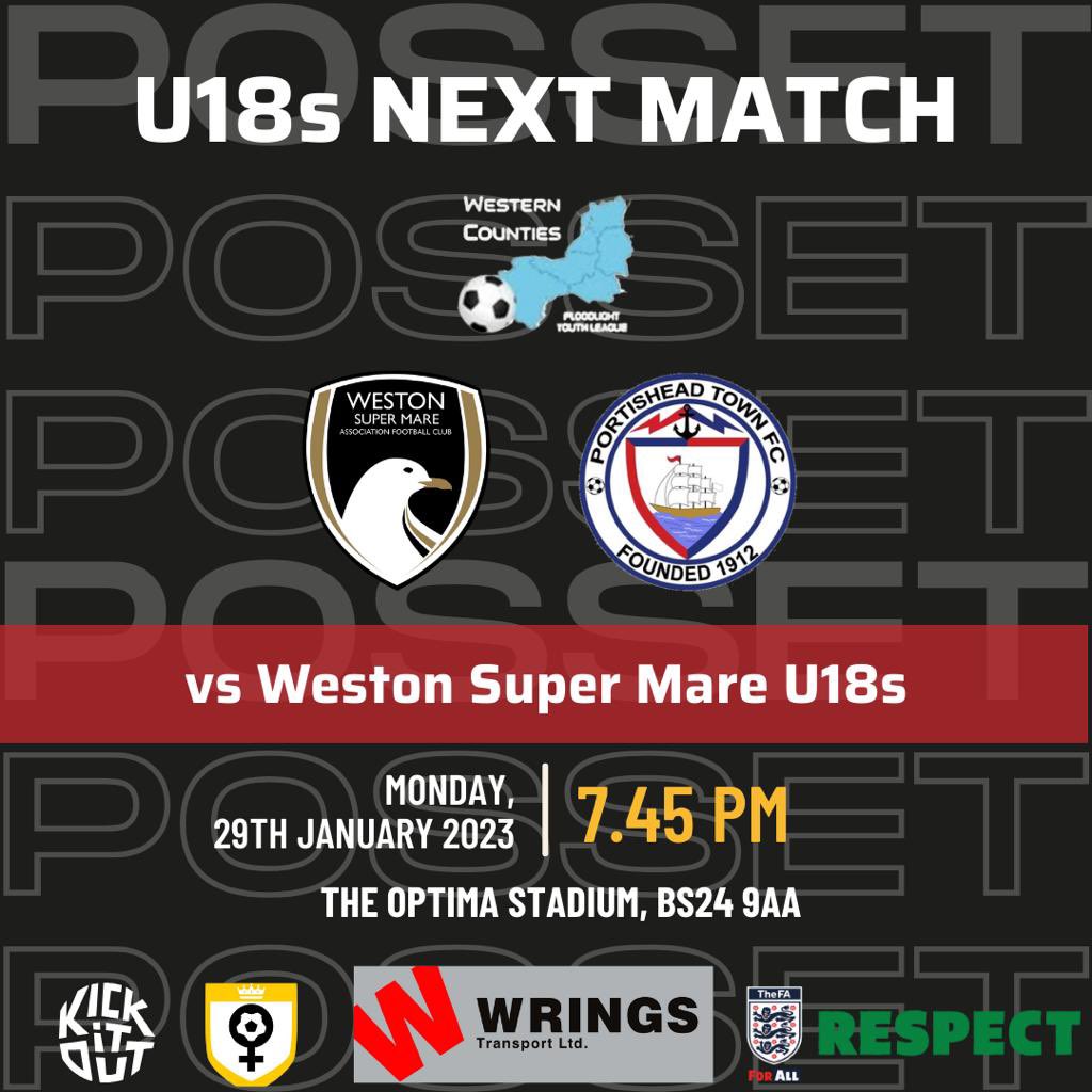 PortisheadTown's tweet photo. 🔜 An important game for our u18s tomorrow night as they take on second place and last seasons league winners, Weston Super Mare.

Come and cheer on the young #possets 🙌

#uptheposset 🤍🖤

@WringsTransport https://t.co/afAJQuZ5nA