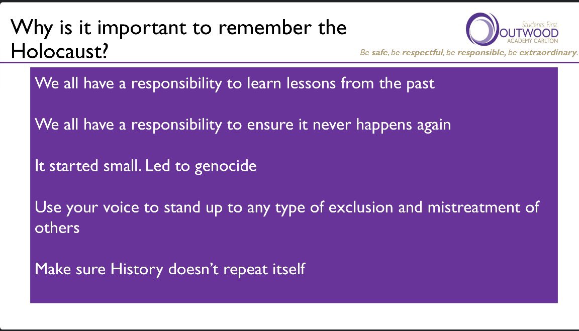 This week's assemblies @OACarlton mark @HMD_UK Holocaust Memorial Day, explaining 'Why is it important to remember the Holocaust?'

#TransformativeCurriculum
#EnhancementCurriculum 
#PersonalDevelopment
#BeRespectful 
#BeResponsible