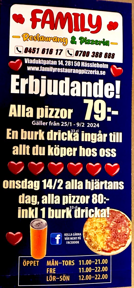 FRestaurang's tweet photo. Hej kära kunder!
Nu har vi erbjudande på alla pizzor kostar 79:- med en burk dricka cl33 ingår till allt du köper från oss från den 25/1-2024 till 9/2-2024.  

Onsdag 14/2-2024 alla hjärtans dag alla pizzor kostar 80:-med en burk dricka 33cl

Alla är välkommen https://t.co/r8msGiWdNs