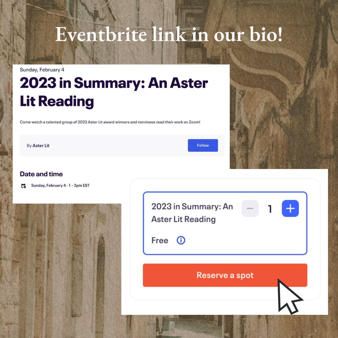 We'll be having an Aster Lit 2023 Year in Review reading on February 4th at 10 a.m. PST! Come listen to some of our 2023 publishees to celebrate another fantastic year of Aster Lit—sign up using the EventBrite link in bio :)