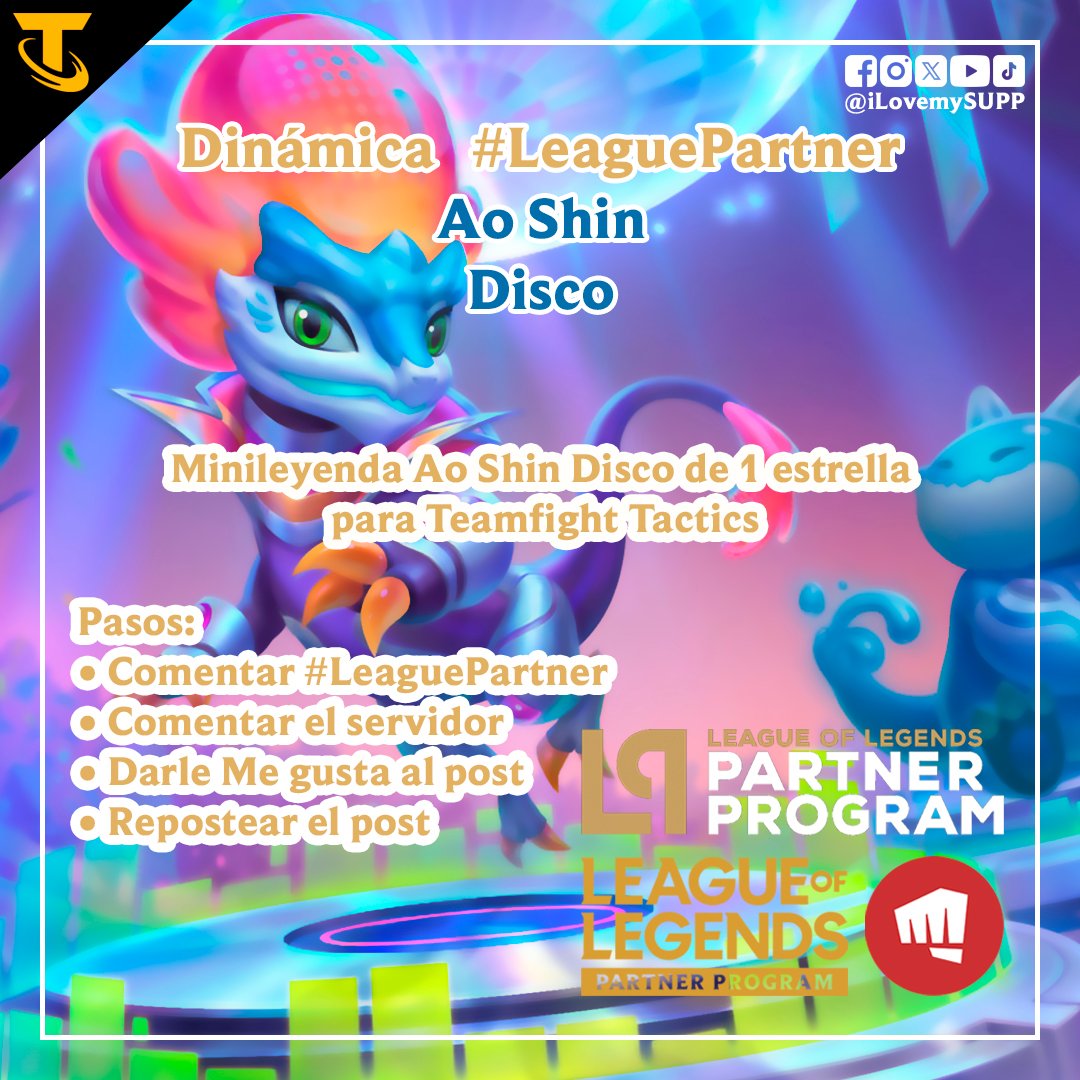 ilovemysupp's tweet photo. Soy parte del Programa de Socios de LoL de Riot Games y ellos me dieron algunos códigos para ustedes.

Ao Shin Disco:
• Serán 5 códigos

Los resultados los daré a conocer el martes 30 de enero de 2024.

¡Mucha suerte a todos!

#TeamfightTactics #TFTPartner #LeaguePartner https://t.co/NO7ojRRKjz
