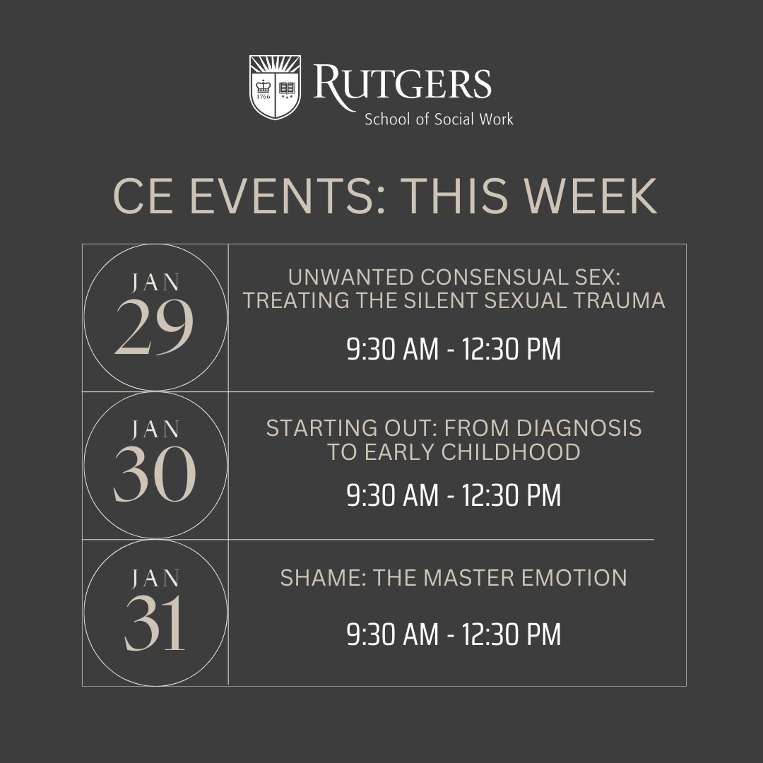 Rutgers University School of Social Work on X: "These are just some of the  webinars the #RutgersSSW Office of Continuing Education is hosting this  week. Check out the complete calendar: https://t.co/K5wG0TSeKy  https://t.co/k9hzdyayR4" /