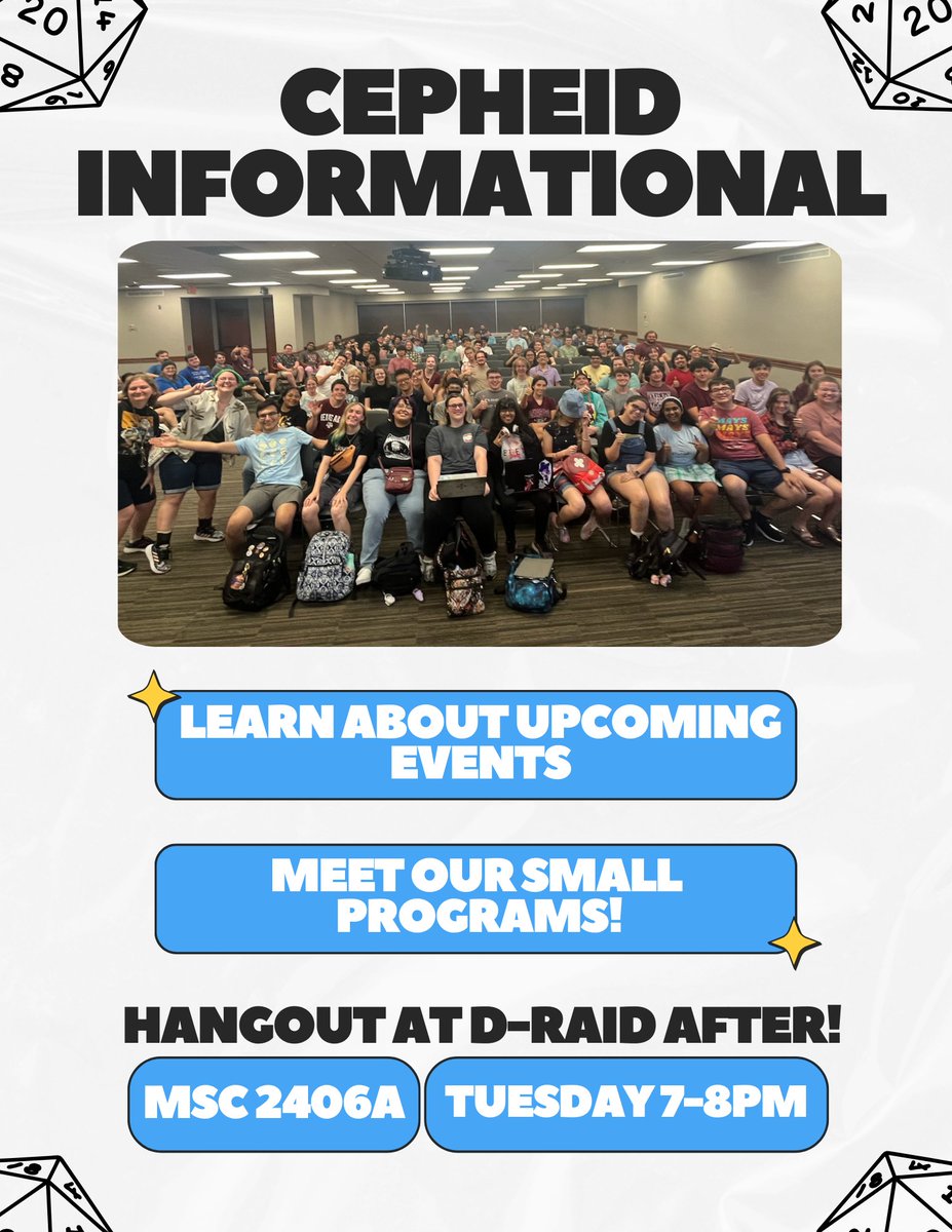 tamucepheid's tweet photo. For all new or returning Cepheids! Come to our first informational of the semester this coming Tuesday (January 30th) at 7pm in MSC 2406A! https://t.co/IgUgnlpYQF