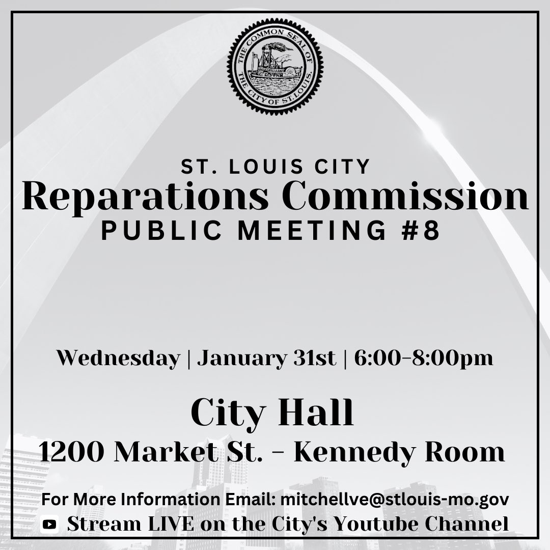 The STL City Reparations Commission is meeting this Wednesday at City Hall. We will reviewing the proposed outline of the report and taking public comment. Please share to ensure our community knows about this important event.