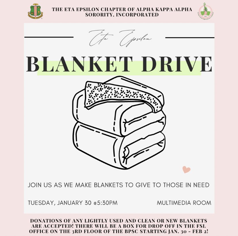 We hope to see some of you at our Blanket Drive event as we make blankets for those in need on January 30th at 5:30pm in the multimedia room near Starbucks! 💕💚 All materials will be provided. If you would like to extend a donation drop off will be in the FSL office!