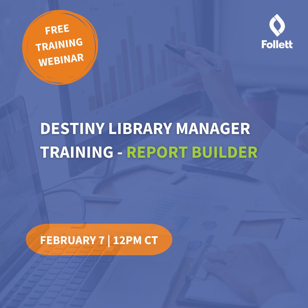 Building a custom report can help you reflect on how and where library resources are being used! Learn how to create and export them at this training webinar: bit.ly/3u7uxEg

#EdTech #TechTraining #FollettWebinar #Webinar #EdWebinar #FollettDestiny