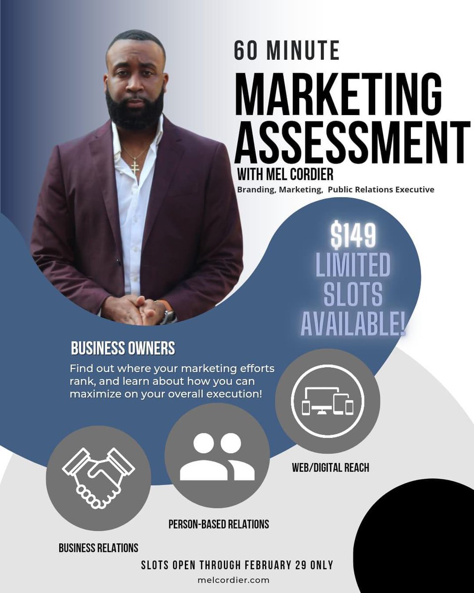 MJRockefeller's tweet photo. Attention seasoned business owners!

Are your marketing endeavors not meeting your expected targets? If you seek ways to enhance your First Quarter results, enroll now in the 60-Minute Marketing Assessment!

Reserve your spot by clicking the link below: 

https://t.co/rsmPG1xZYD https://t.co/GMSUwtCmPU