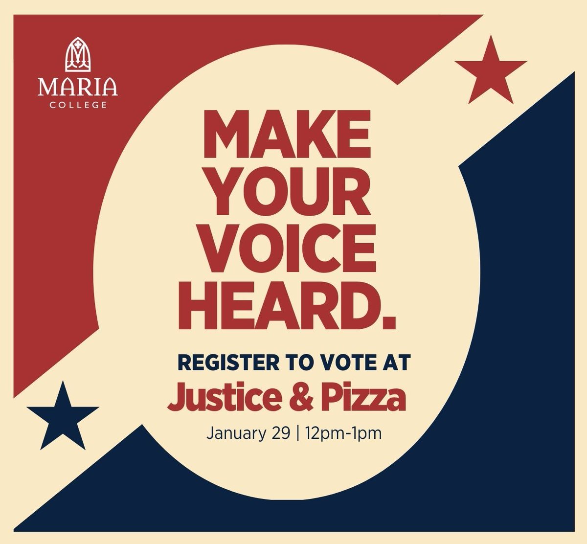 TOMORROW! Join us on campus for Justice & Pizza 1/29 @ noon in Marian Hall, Fitzgerald Court. Come get some free pizza and learn about the League of Women Voters in Albany County. You can register to voteand get info on helping others register to vote. Everyone is welcome!