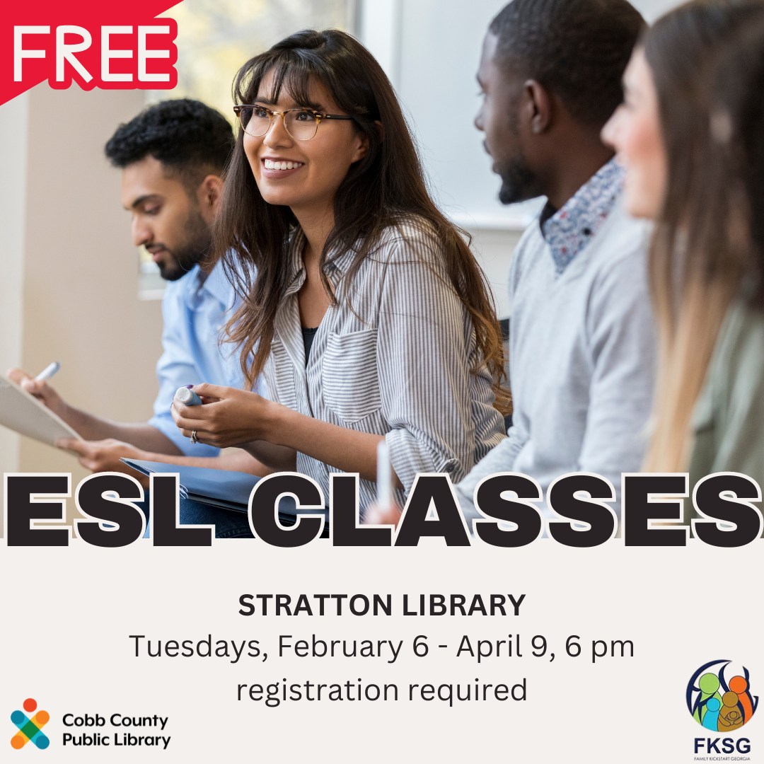 cobbcounty's tweet image. Learn English in Cobb. Free English as a second language (ESL) classes provided by Family Kickstart Georgia 6 - 8 p.m. Tuesdays, Feb. 6 - April 9 at Stratton Library, 1100 Powder Springs Road SW, Marietta.

cobbcounty.org/events/esl-all…

#ESL #ESLClasses #CobbLibrary #cobbcounty