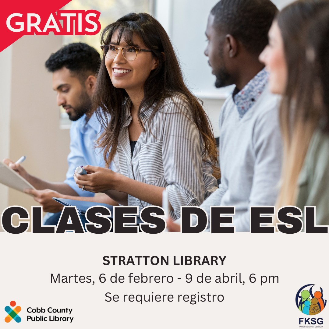 cobbcounty's tweet image. Learn English in Cobb. Free English as a second language (ESL) classes provided by Family Kickstart Georgia 6 - 8 p.m. Tuesdays, Feb. 6 - April 9 at Stratton Library, 1100 Powder Springs Road SW, Marietta.

cobbcounty.org/events/esl-all…

#ESL #ESLClasses #CobbLibrary #cobbcounty