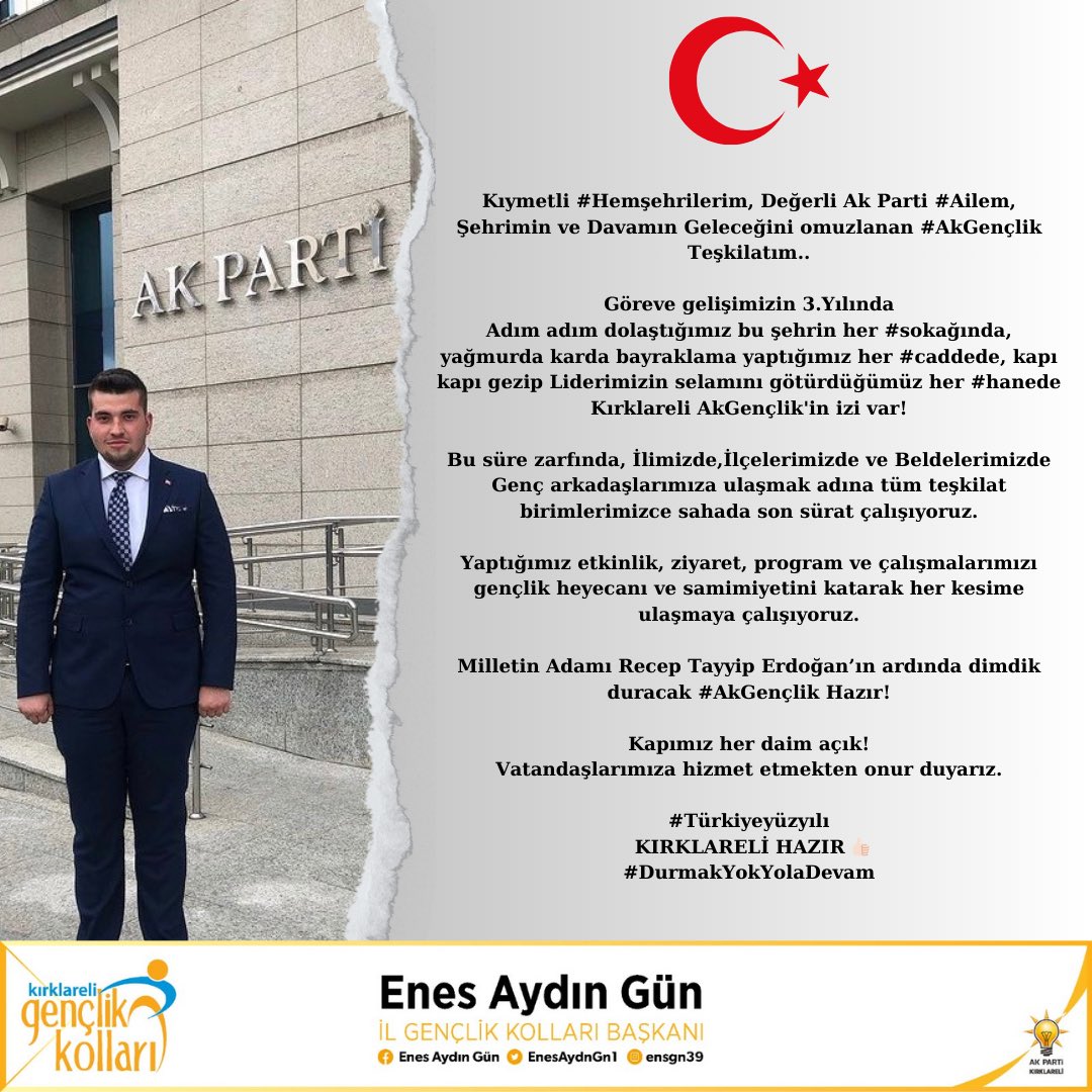 EnesAydnGn1's tweet photo. Göreve gelişimizin 3.Yılında
Adım adım dolaştığımız bu şehrin her #sokağında, yağmurda karda bayraklama yaptığımız her #caddede, kapı kapı gezip Liderimizin selamını götürdüğümüz her #hanede #Kırklareli #AkGençlik'in izi var!
DURMAK YOK YOLA DEVAM
#TürkiyeYüzyılı 🇹🇷 https://t.co/6tMthl65v5