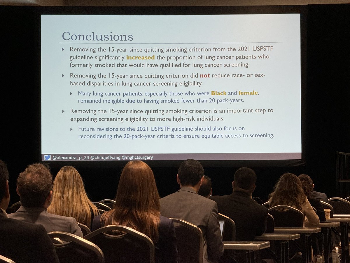 Alex Potter showed that if a guideline for #lungcancerscreening doesn’t have a 15 years since quit criterion, eligibility increases but disparities in eligibility also increase. That’s because many Black #lungcancer patients don’t have a pack-year smoking hx &gt; 20 years. #STS2024