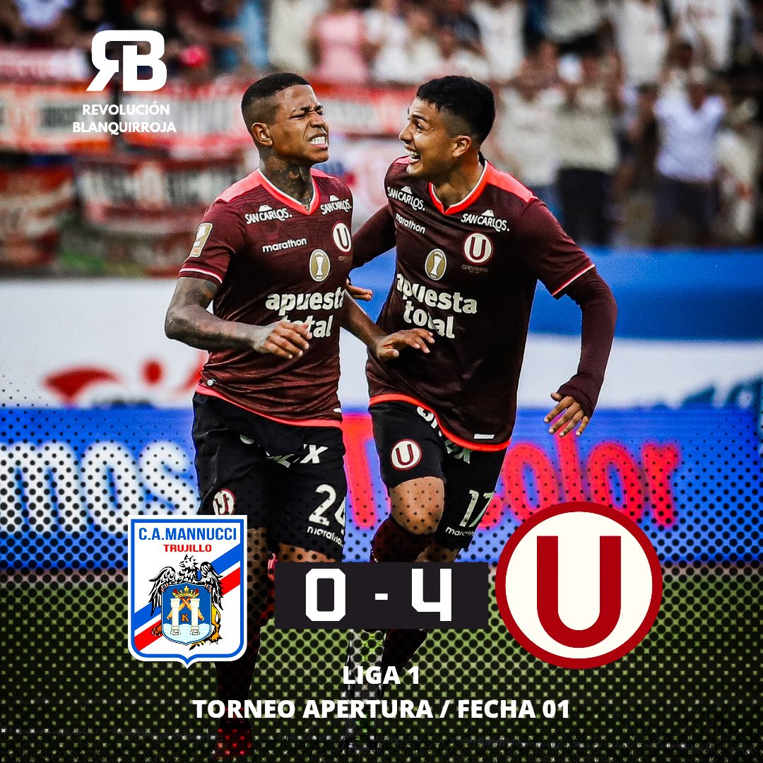 🚨 ¡𝗣𝗔𝗟𝗜𝗭𝗔 𝗖𝗥𝗘𝗠𝗔! Universitario goleó 4-0 a Mannucci en Trujillo y arrancó con el pie derecho el Apertura de la #Liga1. Dorregaray, Flores, Polo y Calcaterra, los goleadores en el Mansiche. #UniversitariodeDeportes