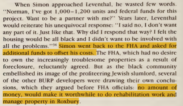 Mel King turned up the pressure – He and a group of Blacks ransacked the office of developer Maurice Simon, and bullied him into agreeing to a list of further demands. Simon tried unsuccessfully to bring in another partner. And he returned to the FHA to request more funding.