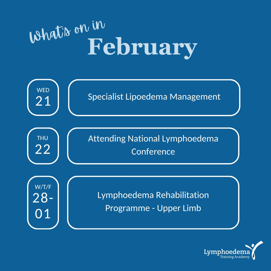 Wondering what we're up to this month? 💭

It's not too late to join us for any of our February courses, call the team to find out how: 0300 180 0122 💙

#february #whatson #lymphoedema #lipoedema #stafford #trainingcourse #healthcare #healthcaretraining
