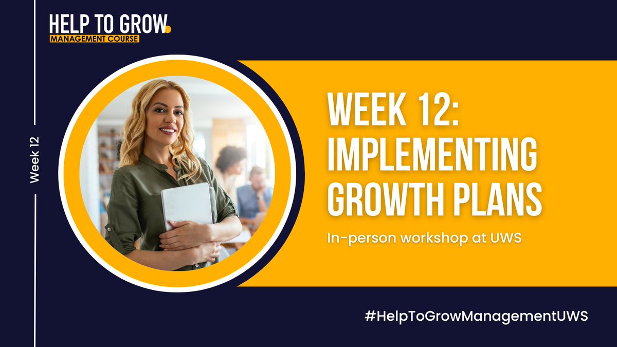 Cohort 6 - it is time for your final Help to Grow: Management workshop 🥺!

We will see you on campus today as we review the past 12 weeks and discuss the implementation of your custom Growth Action Plans.

#HelpToGrowManagement #UWS