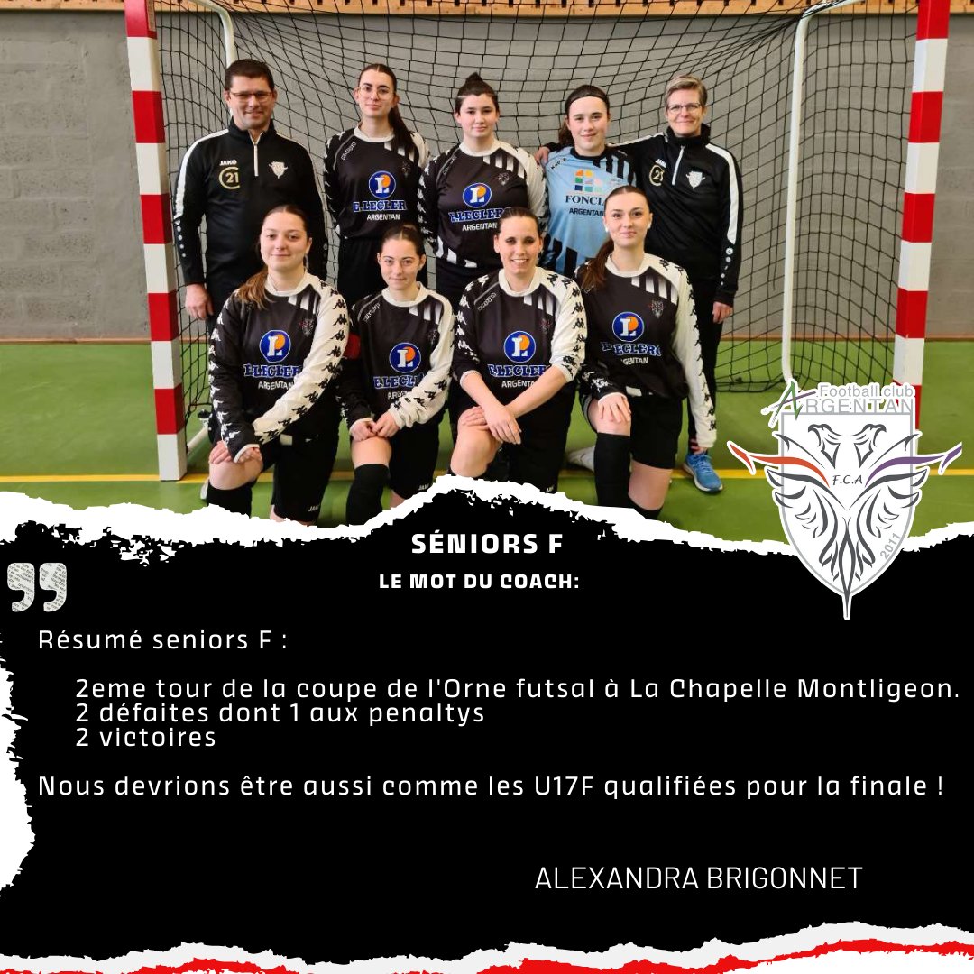 ⚫ Séniors A: une victoire qui fait du bien à l'équipe première. 

⚪ Séniors B: victoire 3-0 contre CO Céaucé , félicitations à l'ensemble des joueurs 

⚫ Séniors F: les joueuses du FC Argentan se sont qualifiées pour les finales. Félicitations à nos joueuses !