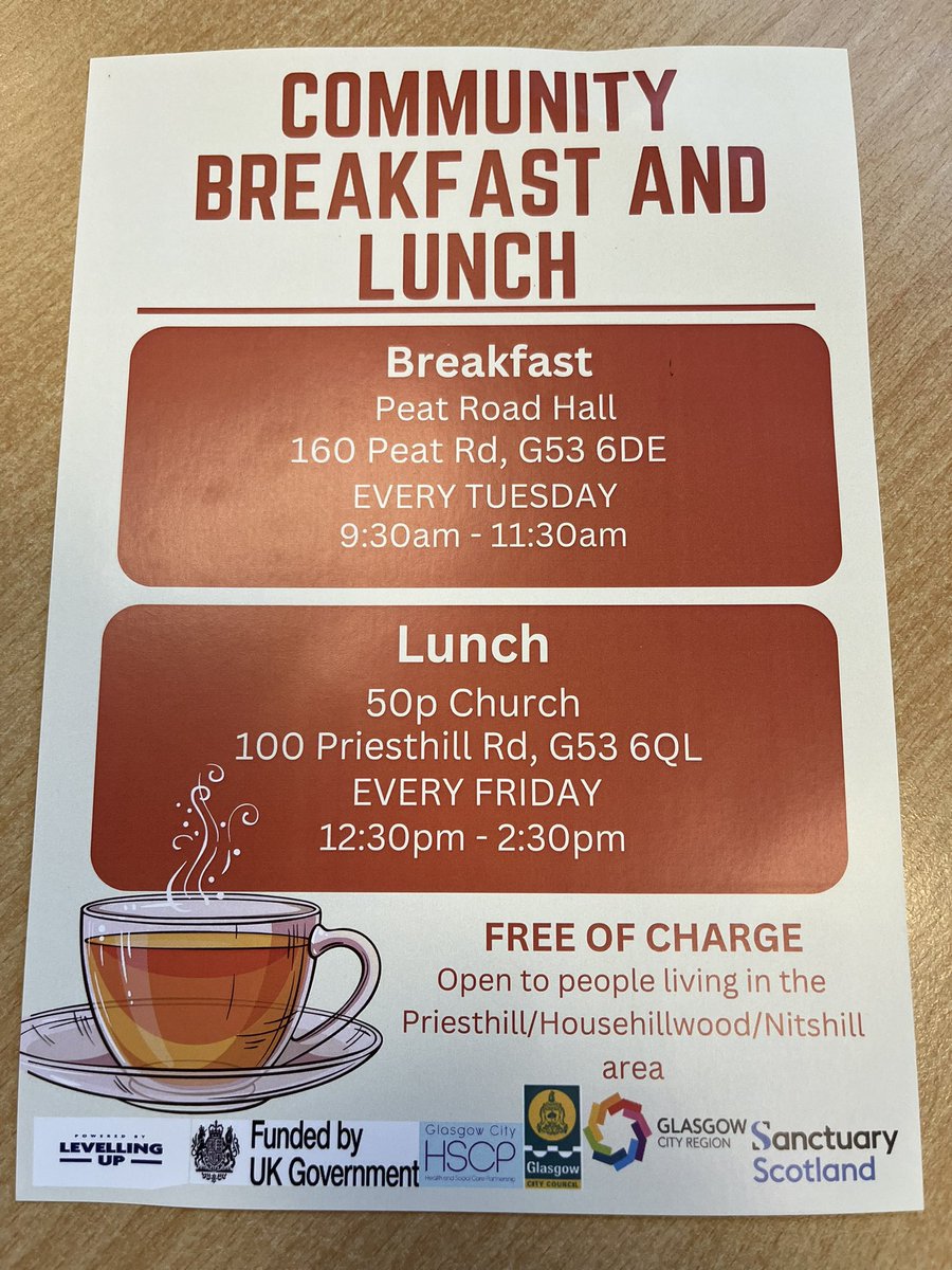 Community Breakfast open to Everyone. Peat Road Hall Tuesdays. 9:30am to 11:30am and community lunch open to everyone 50p church Fridays 12:30pm-2:30pm @PollokServices @HelloSanctuary @ThreehillsCS @potentialin_me @LeeDavidson33 @GCHSCP @TracyaH1 @ALLIANCEScot @annemakeslinks