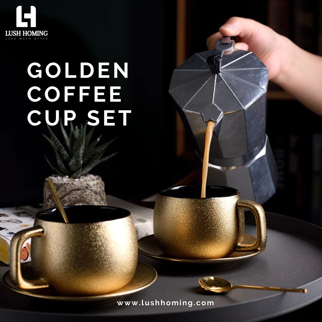 Sip in style with this golden coffee cup set. lushhoming.com #GoldenCupSet #CoffeeLuxury #BrewInGold #CaffeineElegance #CoffeeTimeChic #GildedSips #LuxeLiving #lushhoming