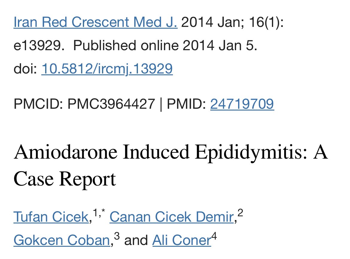Amiodarone adverse effects:

Patient with dilated cardiomyopathy on amiodarone developed severe epididymitis. #MedEd #MedTwitter