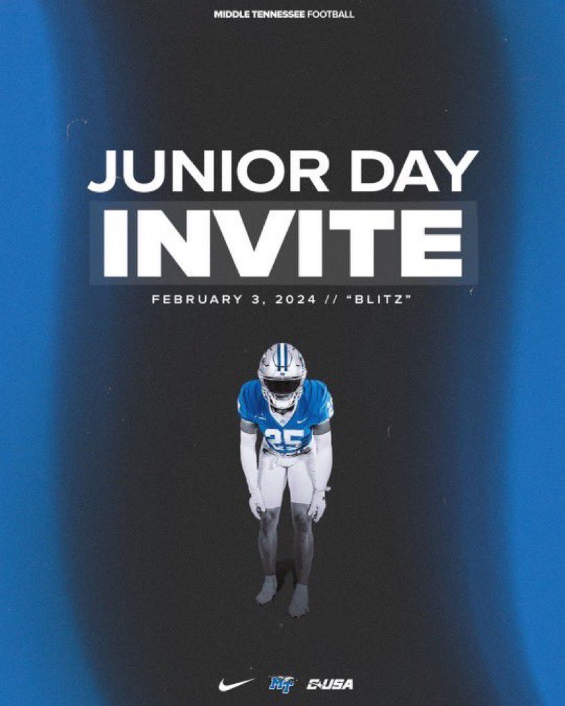 Thanks for the Junior day invite. Can’t wait to be on campus. @bigk73 @MT_FB @CoachCrane_RHS @RecruitRockvale @Rockvale_FB