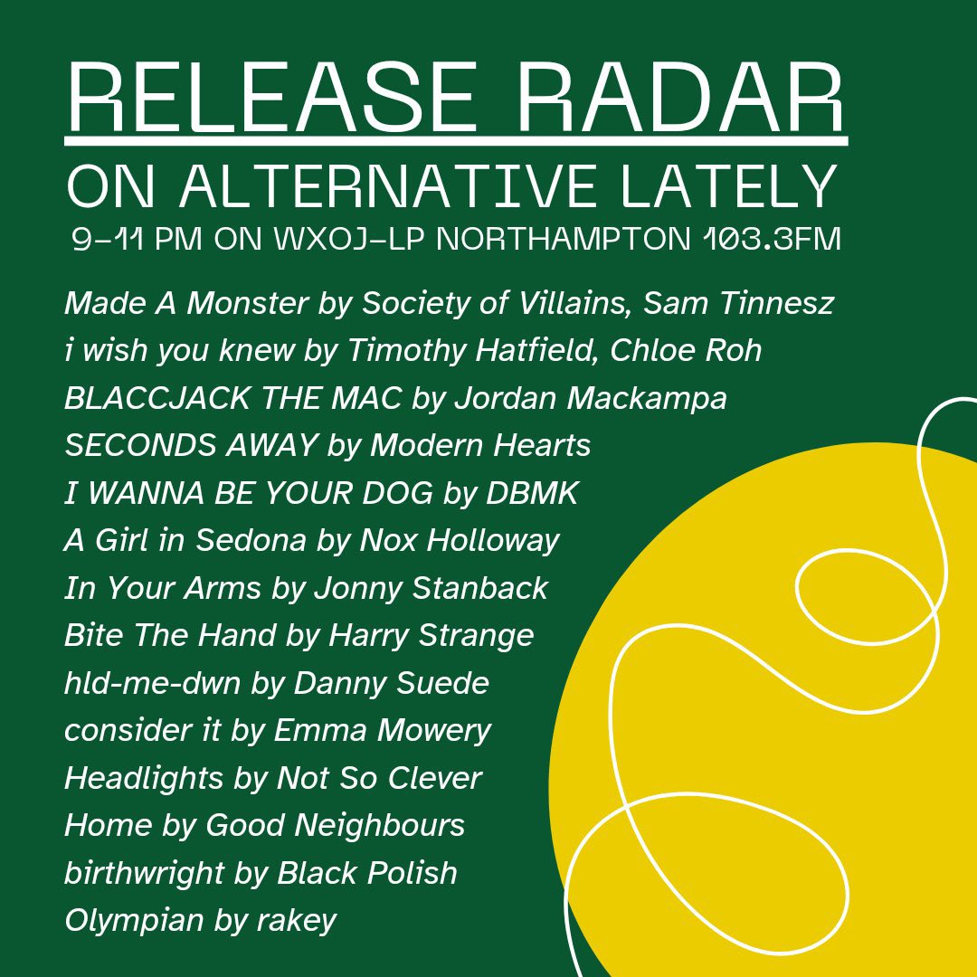 Alternative Lately 103.3FM (@alt_lately) on Twitter photo Tonight on Alternative Lately, we’ll be featuring releases by <a href="/SamTinnesz/">Sam Tinnesz</a> <a href="/VillainsLivHere/">Society of Villains</a> <a href="/dbmkmusic/">DBMK</a> <a href="/NoxHolloway/">Nox Holloway</a> <a href="/HarryStrangeUK/">Harry Strange</a> <a href="/JonnyStanback/">Jonny Stanback</a> and many more!
Tune in from 9-11pmEST on WXOJ-LP Northampton 103.3FM or stream at valleyfreeradio.org/listen Tonight on Alternative Lately, we’ll be featuring releases by <a href="/SamTinnesz/">Sam Tinnesz</a> <a href="/VillainsLivHere/">Society of Villains</a> <a href="/dbmkmusic/">DBMK</a> <a href="/NoxHolloway/">Nox Holloway</a> <a href="/HarryStrangeUK/">Harry Strange</a> <a href="/JonnyStanback/">Jonny Stanback</a> and many more!
Tune in from 9-11pmEST on WXOJ-LP Northampton 103.3FM or stream at valleyfreeradio.org/listen