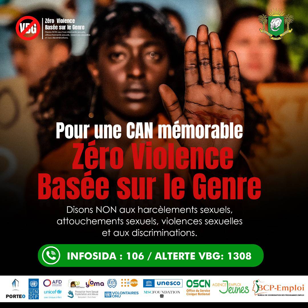 Pour une can mémorable, #ZEROviolencebaséesurlegenre.
Dites non aux harcèlements sexuels, attouchements sexuels, violences sexuelles et aux discriminations.
#CAN2023#cocan