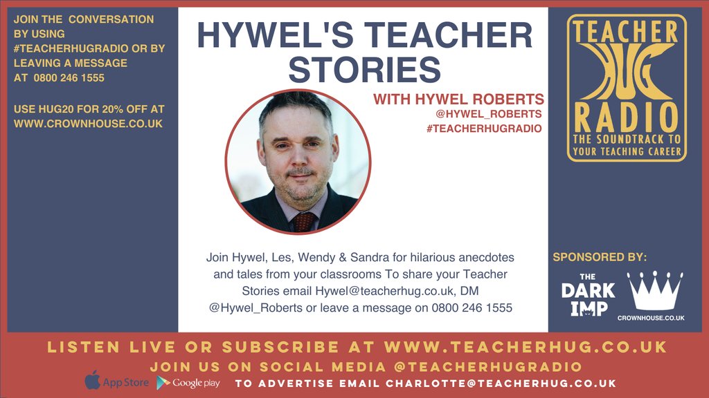Coming next, the hilarious @Hywel_Roberts and his merry gang share their Teacher Stories with us @Hywel_Roberts Listen live at teacherhug.co.uk #TeacherHugRadio