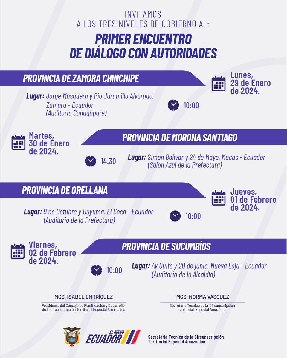 La presidenta del <a href="/ConsejoAmazonia/">Consejo de la Amazonía</a>, <a href="/Isabel_EJ/">Isabel Enrríquez J.</a>, y la secretaria técnica de la Amazonía, <a href="/NomyVasquez/">Norma Vásquez</a>, cumplirán agenda en las provincias de Zamora Chinchipe, Morona Santiago, Orellana y Sucumbíos. 

#TransformandoLaAmazonía 
#ElNuevoEcuador