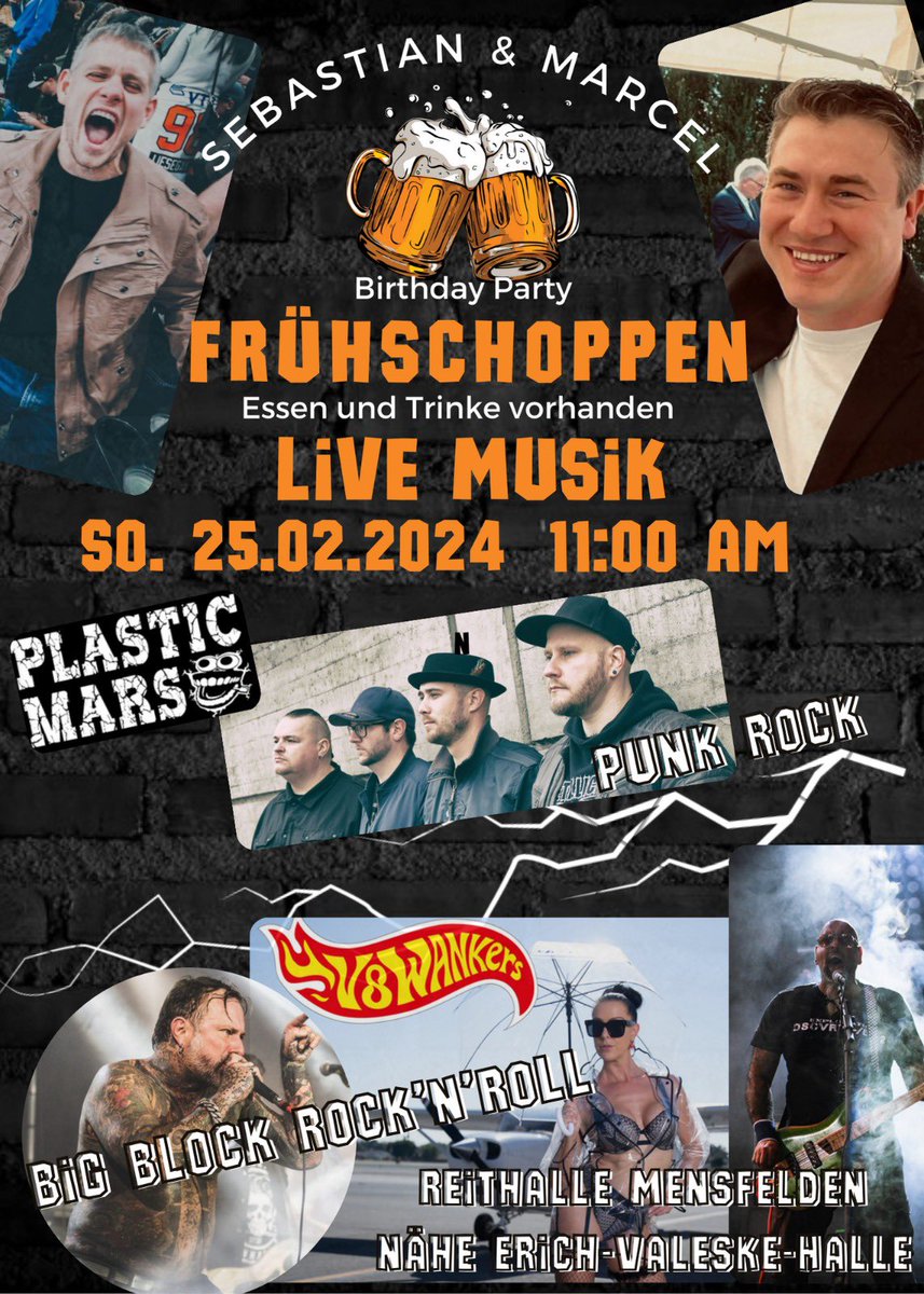 Wir haben die Ehre am 25.02. die Geburtstagsparty von Sebastian &amp; Marcel in Mensfelden zu rocken! Die großartigen @v8w_official werden ebenfalls am Start sein und wir freuen uns wie Bolle! Das wird ein richtig geiler Punk’n’Roll Abriss!! Be there 🫵 #plasticmars #v8wankers