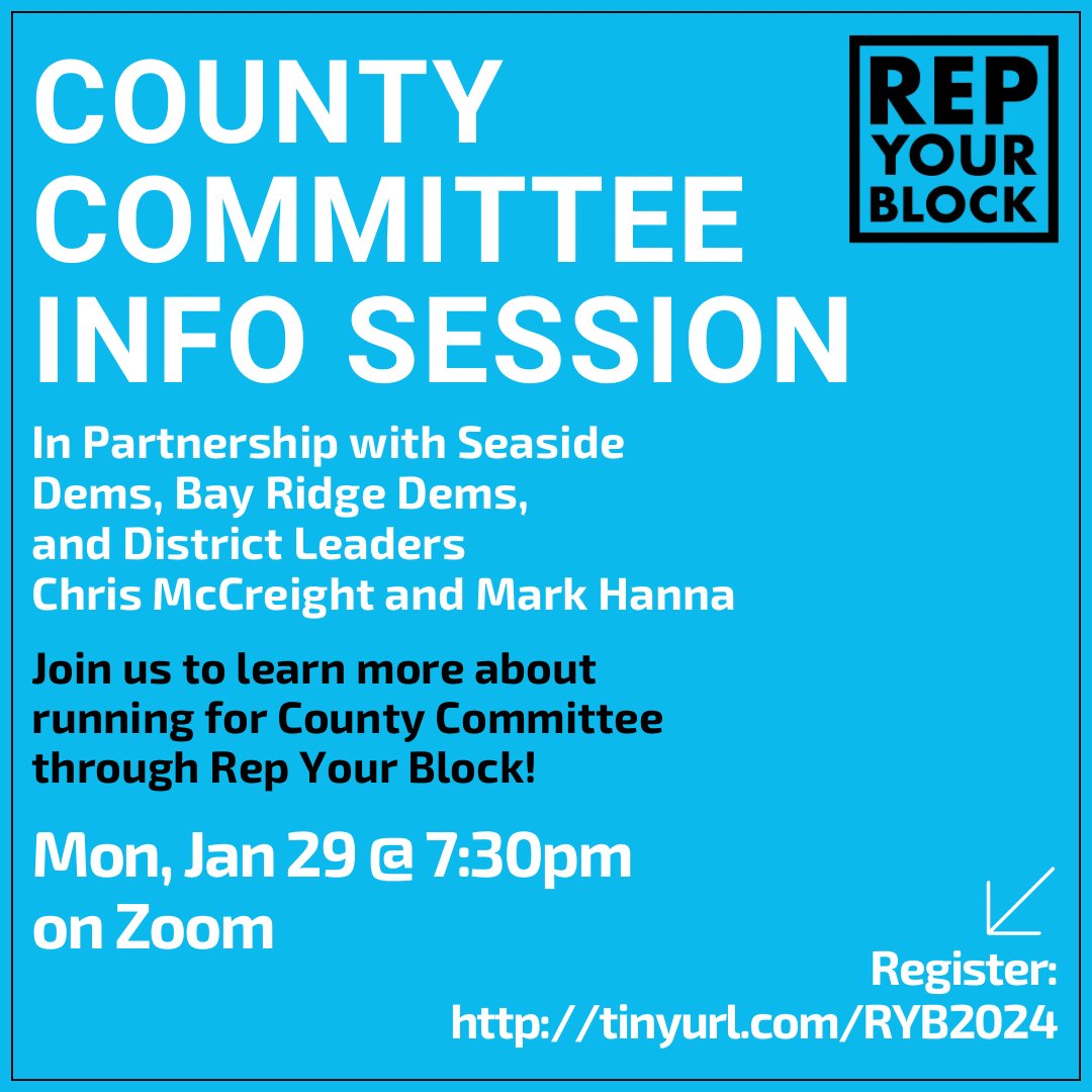 Attention: Democrats of Southern Brooklyn!

We want to help you run for County Committee, the ground floor of the Democratic Party. Join us for a virtual info session in partnership with Seaside Democrats, <a href="/BayRidgeDems/">Bay Ridge Democrats</a>, <a href="/HannaDL64/">Mark Hanna District Leader 64</a>, and <a href="/chrismccreight/">Chris McCreight</a>: tinyurl.com/RYB2024