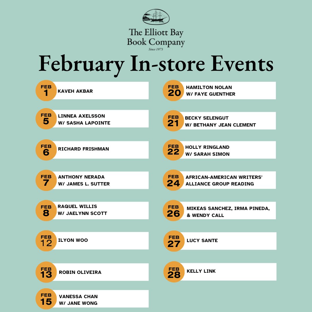 ElliottBayBooks's tweet photo. Check out all the events coming to the store this February!
Whether you're wanting to meet your favorite author or are wanting to find something different to do, our events are a great way to do both.
#EBBCOevents #authorreading #seattleactivities #indiebookstore https://t.co/yGv1ZWq4vJ