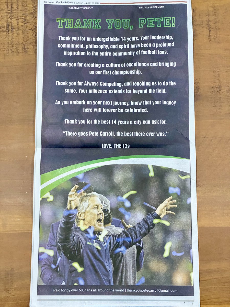 paulbarrett6's tweet photo. Seahawks fans take out a full-page ad in today’s Seattle Times to thank Pete Carroll for his 14 years as Seahawks coach. https://t.co/gIrMPK0dhw