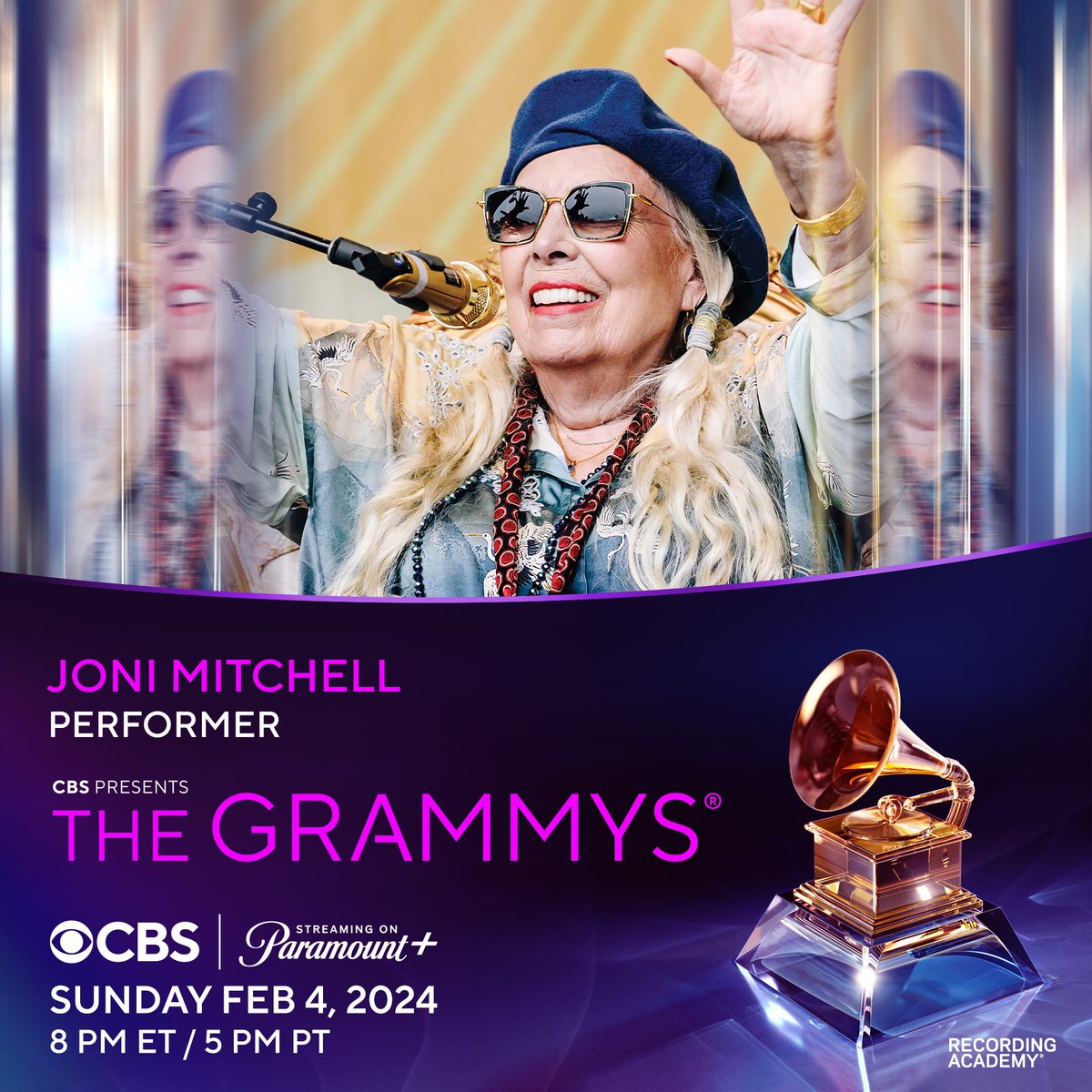 Don’t miss 9-time GRAMMY winner and past @MusiCares Person of the Year Joni Mitchell’s first ever #GRAMMYs performance! Tune-in to @CBS on Sunday. Feb. 4 at 8 PM ET / 5 PM PT