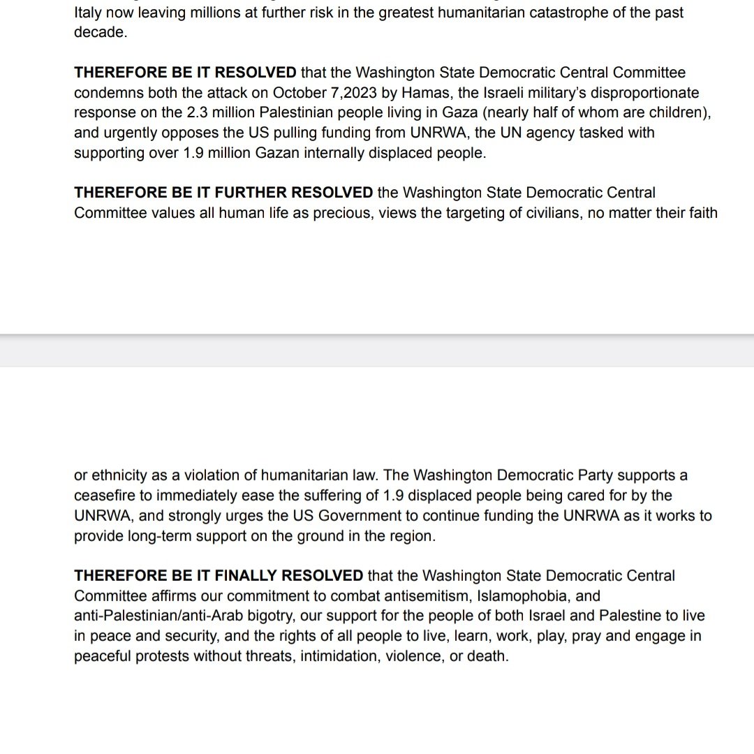 BREAKING: the Washington State Democrats central committee just passed a resolution, 75-54, calling for a ceasefire in Gaza. <a href="/PattyMurray/">Senator Patty Murray</a>, <a href="/RepAdamSmith/">Rep. Adam Smith</a>, <a href="/MariaCantwell/">Maria Cantwell</a>, the world --- and now your state party --- is watching.