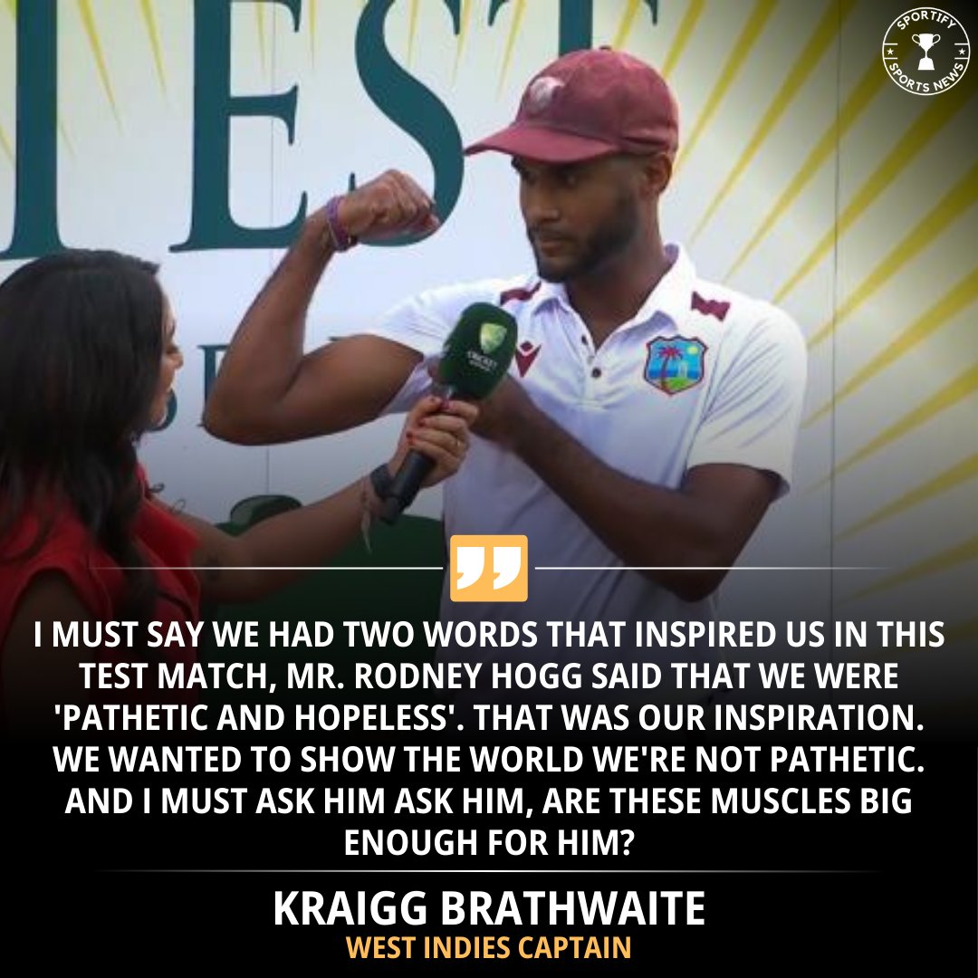 Turning criticism into motivation! 💪 

Kraigg Brathwaite's epic response to Rodney Hogg's words fueled our victory. 🏏🔥 

Muscles speak louder than words! 💬💯 ?

#Sportify | #SportsNews | #AUSvsWI | #ProveThemWrong | #MusclePower | #MaroonFire