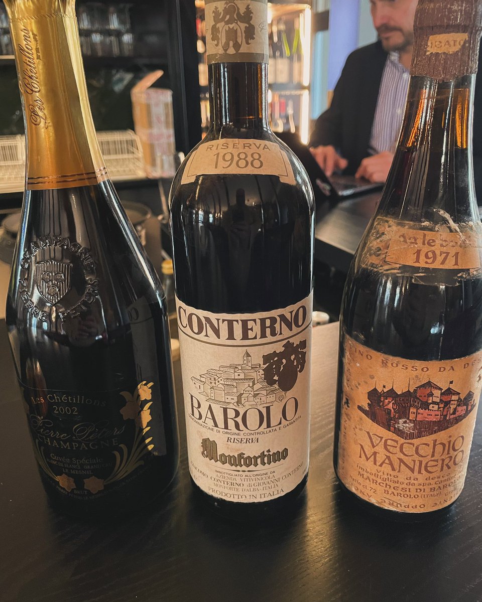Going old school 
2002 Pierre Peters, Les Chetillons 
1988 Conterno, Monfortino 
1971 <a href="/MarchesiBarolo/">Marchesi di Barolo</a>, Vecchio Maniero