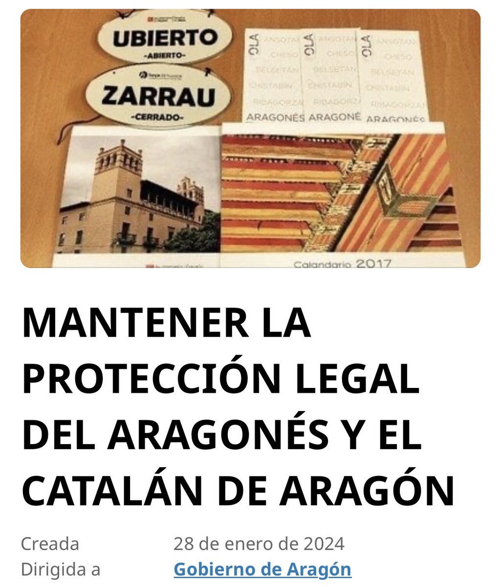Toz sabem el recorriu que tienen es change.org manimenos au a sinyar toz y totas pa que se veiga que el movimiento en defensa de l’aragonés ya no se puede aturar

change.org/p/mantener-la-…