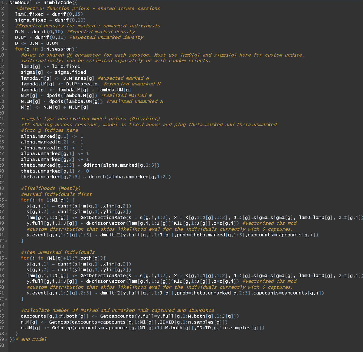 Finally got around to making a multisession version of SMR for natural marks. unknown marked status samples allowed.

github.com/benaug/Spatial…