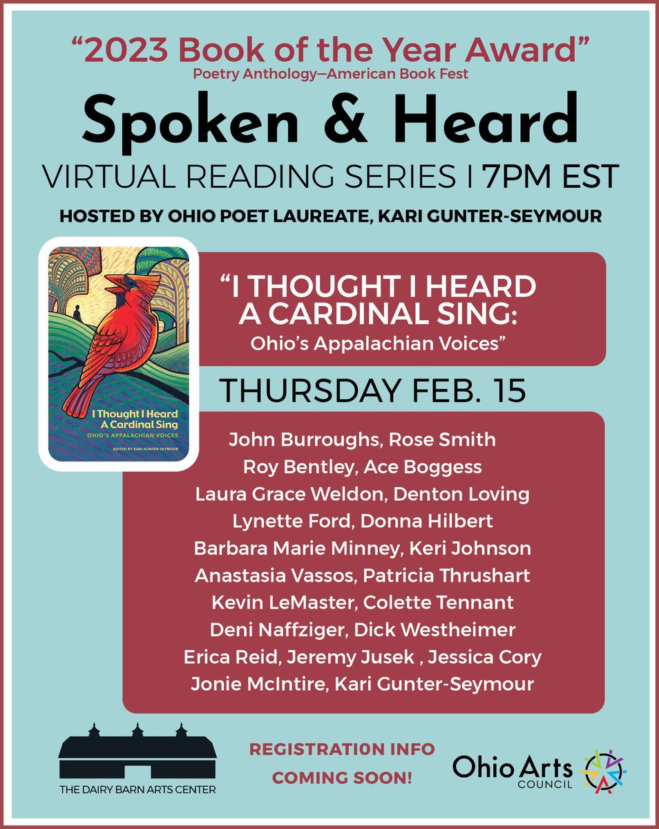 My  first appearance of 2024 will be on 2/15: a reading by twenty-ish contributors to the award-winning  anthology I Thought I Heard A Cardinal Sing (edited by #OhioPoetLaureate @KGunterSeymour and published by Sheila-Na-Gig). @DairyBarnArts / @OhioArtsCouncil.