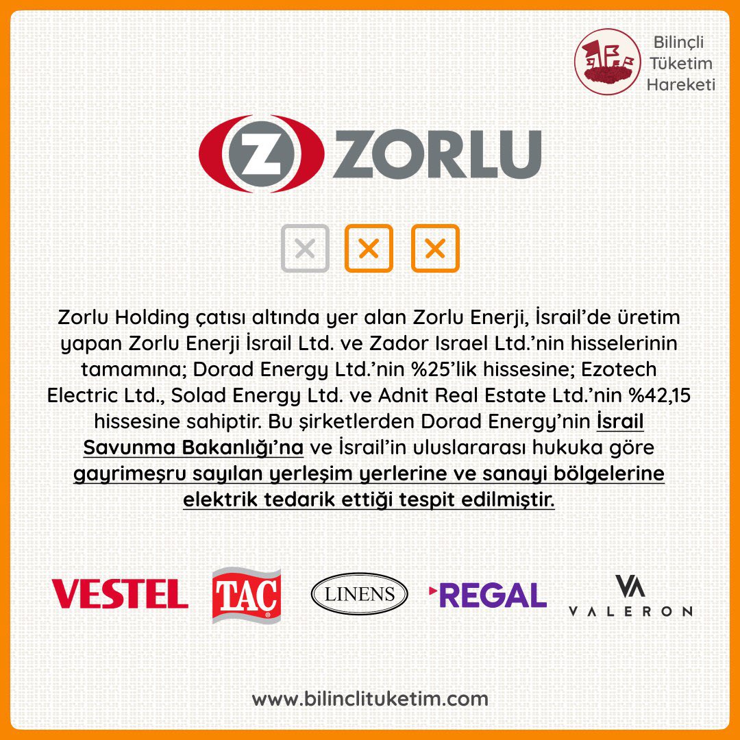 Zorlu Holding!

 İşgal devletine enerji tedariğini kesmediğiniz takdirde Halk sizinle alışverişini kesecektir !

Zorlu Holding'i bu yanlıştan dönmeye davet ediyoruz !

#zorluyudurdurun