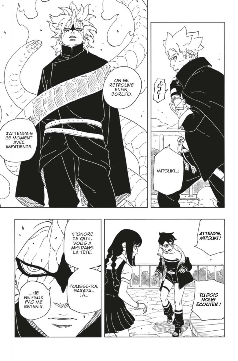 YamiGOAT15's tweet photo. La fameuse page qui a été leak par le site officiel ! En tout cas c’était stylé ! Théorie : et si Mitsuki fait tout ça pour tester Boruto et confirmer si Kawaki est bien son soleil ou pas. Dans le Chap 81 (1 de TBV) on a pu voir ses doutes ! #BorutoTwoBlueVortex6 #Boruto86 https://t.co/Egx9zqvC9S